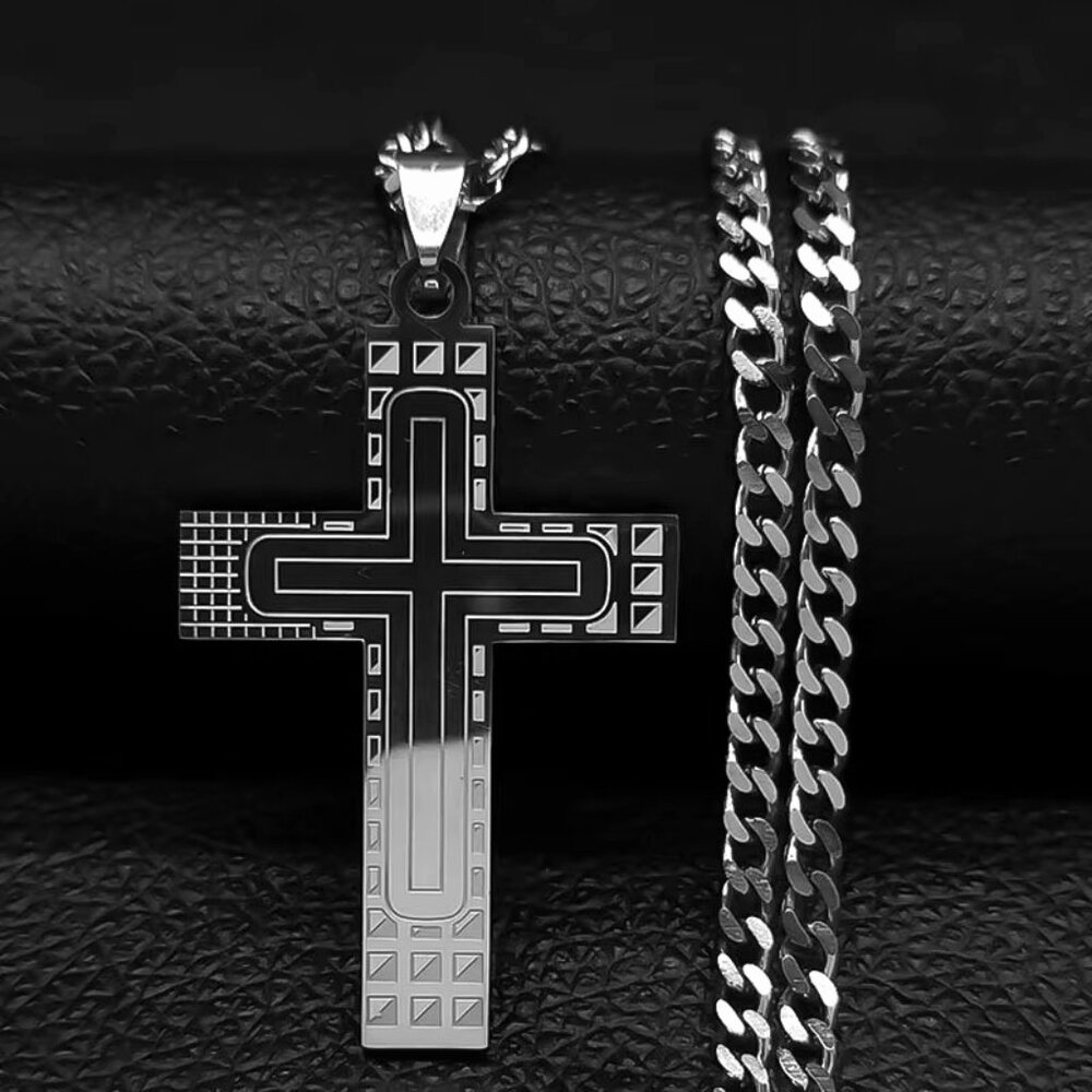 Geometric Design Crucifix Necklace Stainless Steel Silver Color Pendant 19"Chain